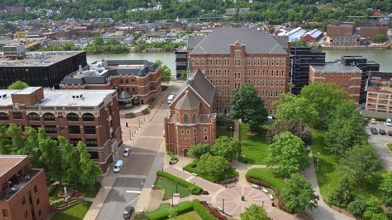 aerial view of Duquesne chapel