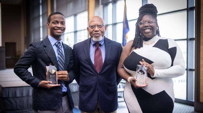 Dr. Ron L. Swain with 2024 winners Jakobie Green and Lei'Asha Battle